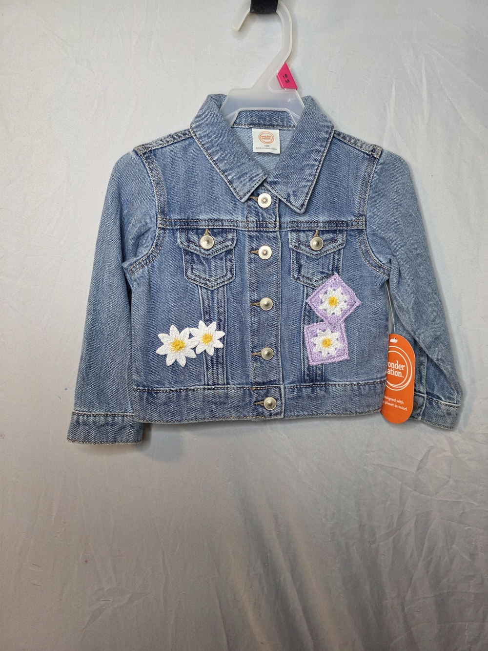 Children's Light Wash Denim Jacket with Floral Patches